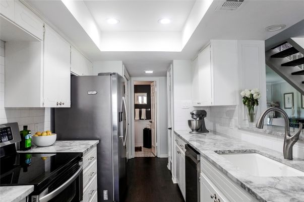 Interior, Kitchen, Recessed Lighting, Stainless Steel Appliances, Wood Texture Flooring