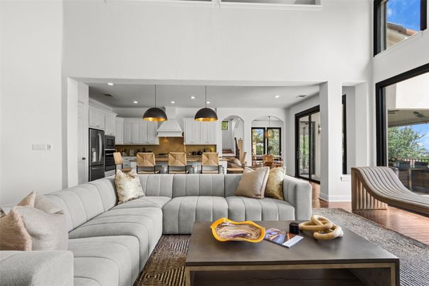 Dining room, Interior, Kitchen, Living room, Pendant Lights, Recessed Lighting, Stainless Steel Appliances, Wood Texture Flooring
