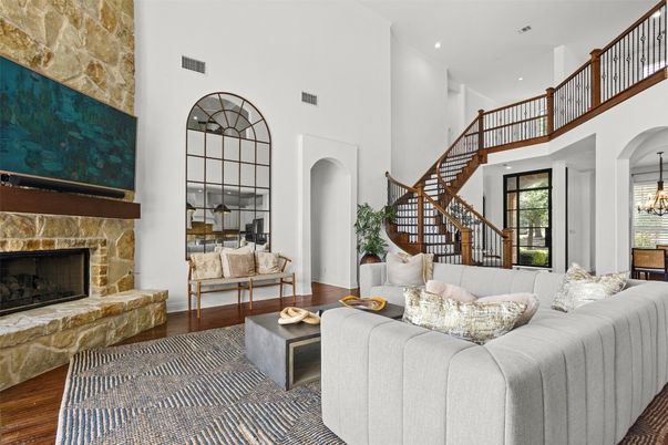 Chandelier, Fireplace, Interior, Living room, Recessed Lighting, Wood Texture Flooring