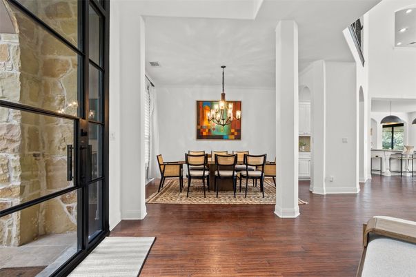 Chandelier, Dining room, Interior, Recessed Lighting, Wood Texture Flooring