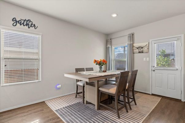 Dining room, Interior, Recessed Lighting, Wood Texture Flooring