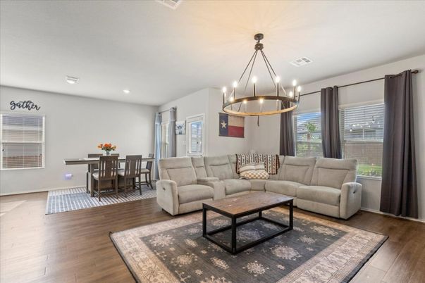 Chandelier, Dining room, Interior, Living room, Recessed Lighting, Wood Texture Flooring