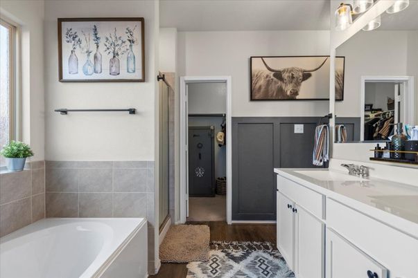 Bathroom, Dual Sink Vanities, Interior, Wood Texture Flooring