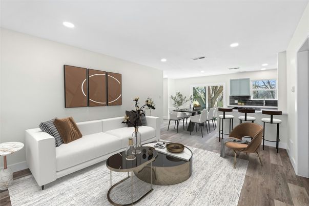 Dining room, Interior, Living room, Recessed Lighting, Wood Texture Flooring