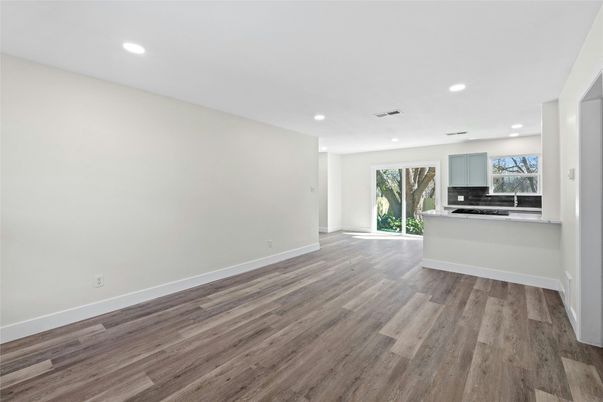 Empty room, Interior, Kitchen, Recessed Lighting, Wood Texture Flooring