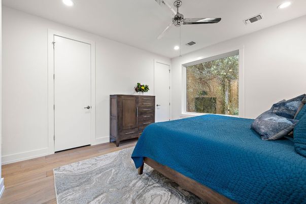 Bedroom, Interior, Recessed Lighting, Wood Texture Flooring