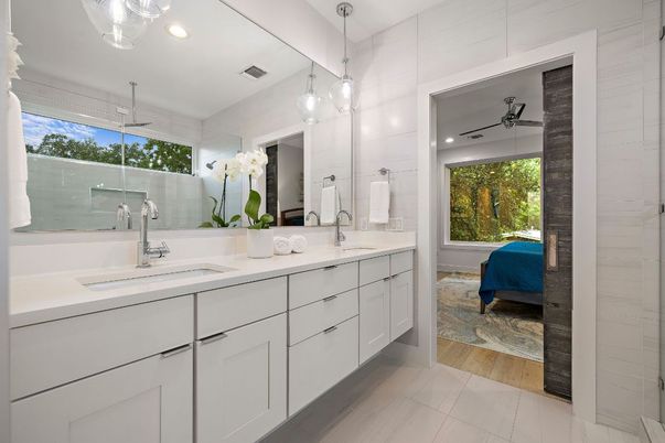 Bathroom, Dual Sink Vanities, Interior, Pendant Lights, Recessed Lighting, Wood Texture Flooring