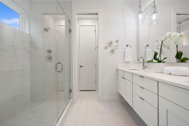 Bathroom, Dual Sink Vanities, Glass Shower, Interior, Pendant Lights