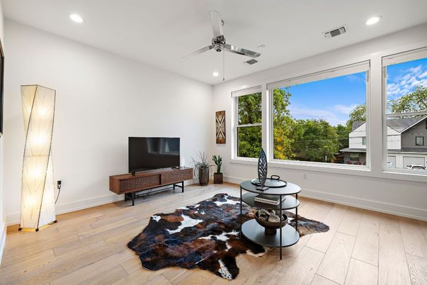 Interior, Living room, Recessed Lighting, Wood Texture Flooring