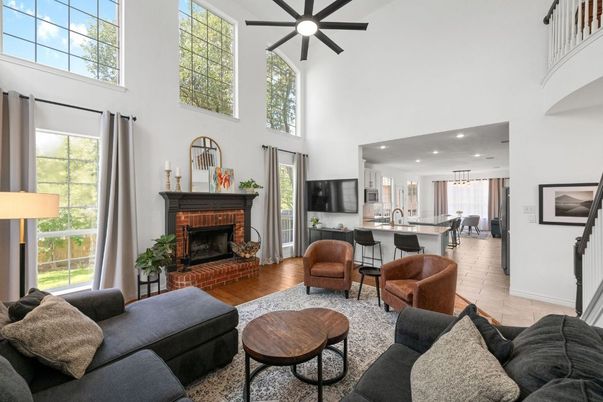 Dining room, Fireplace, Interior, Kitchen, Living room, Pendant Lights, Recessed Lighting, Wood Texture Flooring