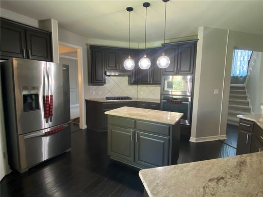 Interior, Kitchen, Pendant Lights, Stainless Steel Appliances, Wood Texture Flooring