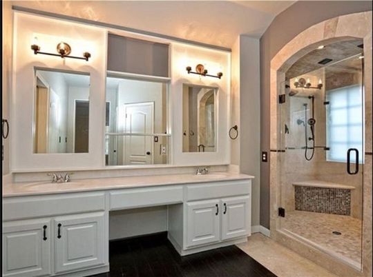 Bathroom, Dual Sink Vanities, Glass Shower, Interior, Wood Texture Flooring