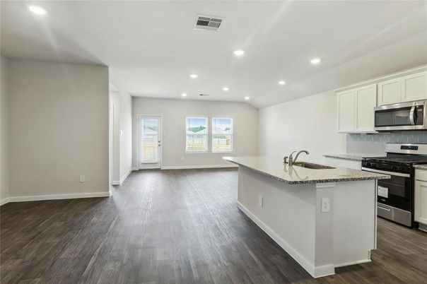 Interior, Kitchen, Recessed Lighting, Stainless Steel Appliances, Wood Texture Flooring