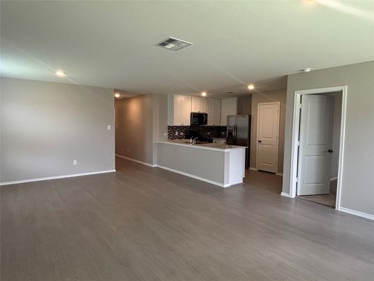 Empty room, Interior, Kitchen, Recessed Lighting, Wood Texture Flooring