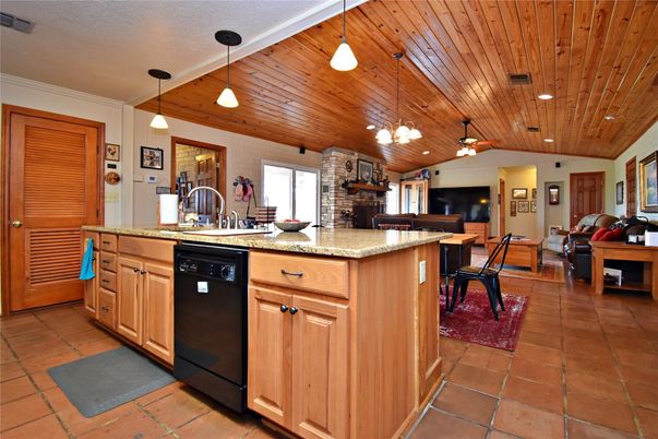 Dining room, Fireplace, Interior, Kitchen, Living room, Pendant Lights, Recessed Lighting, Wooden Ceilings