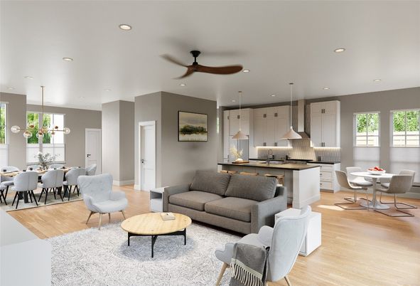 Dining room, Interior, Kitchen, Living room, Pendant Lights, Recessed Lighting, Stainless Steel Appliances, Wood Texture Flooring