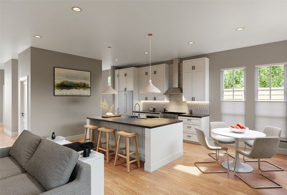 Dining room, Interior, Kitchen, Pendant Lights, Recessed Lighting, Stainless Steel Appliances, Wood Texture Flooring