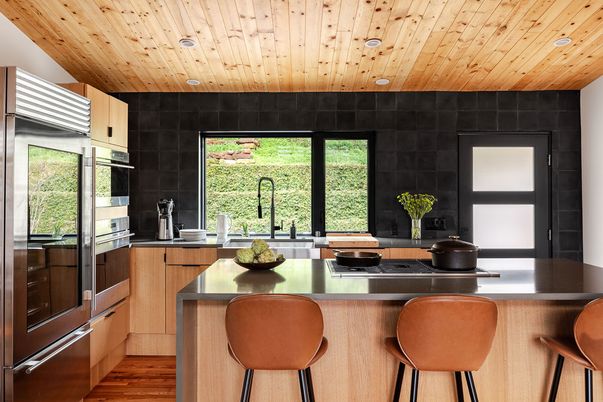 Interior, Kitchen, Recessed Lighting, Stainless Steel Appliances, Wooden Ceilings, Wood Texture Flooring