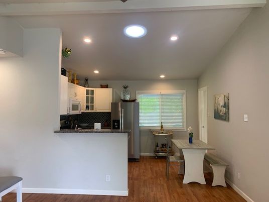 Interior, Kitchen, Recessed Lighting, Stainless Steel Appliances, Wood Texture Flooring