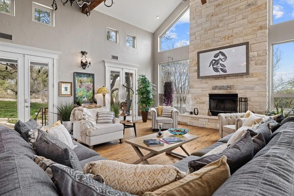 Fireplace, Interior, Living room, Recessed Lighting, Stone Walls, Wooden Beams, Wood Texture Flooring
