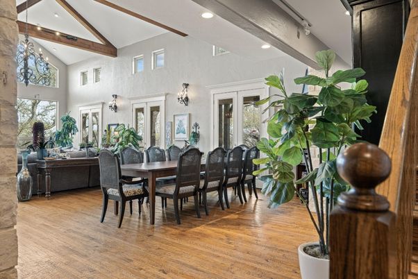 Dining room, Interior, Recessed Lighting, Wooden Beams, Wood Texture Flooring