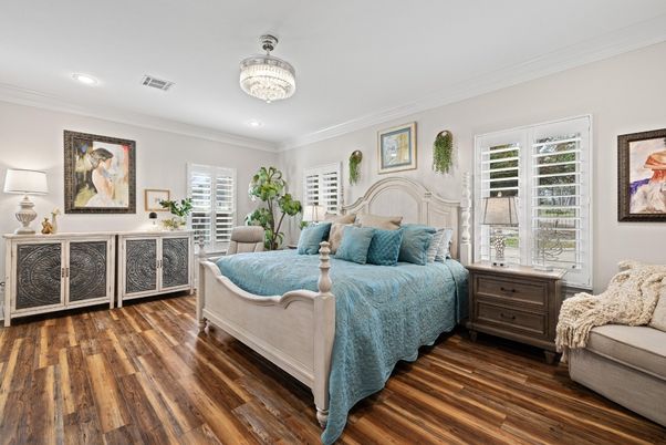 Bedroom, Chandelier, Interior, Recessed Lighting, Wood Texture Flooring