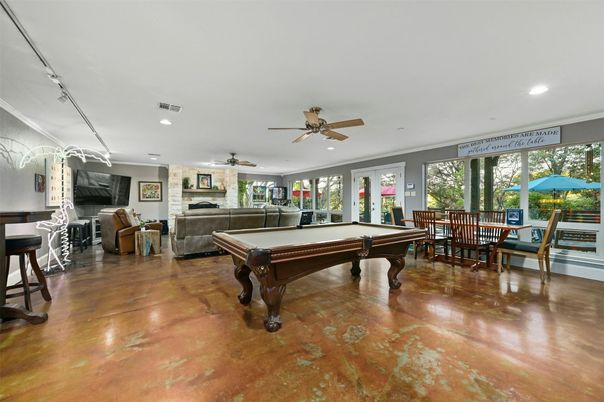 Billiard Table, Dining room, Fireplace, Game Room, Interior, Recessed Lighting, Stone Walls