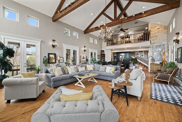 Chandelier, Interior, Living room, Recessed Lighting, Stone Walls, Wooden Beams, Wood Texture Flooring
