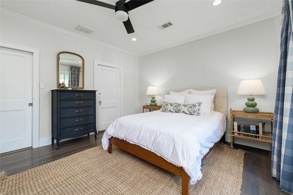 Bedroom, Interior, Recessed Lighting, Wood Texture Flooring