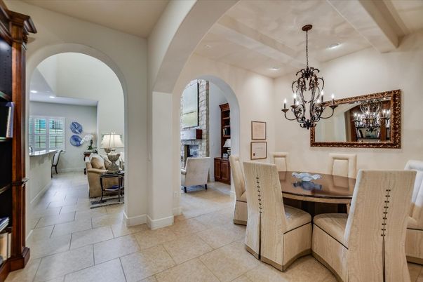 Chandelier, Dining room, Fireplace, Interior, Recessed Lighting