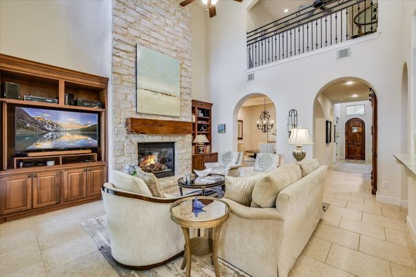 Fireplace, Interior, Living room, Recessed Lighting, Stone Walls