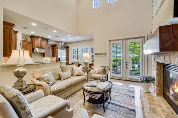 Fireplace, Interior, Kitchen, Living room, Recessed Lighting, Stainless Steel Appliances