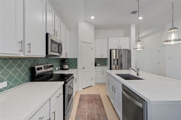 Interior, Kitchen, Pendant Lights, Recessed Lighting, Stainless Steel Appliances, Wood Texture Flooring