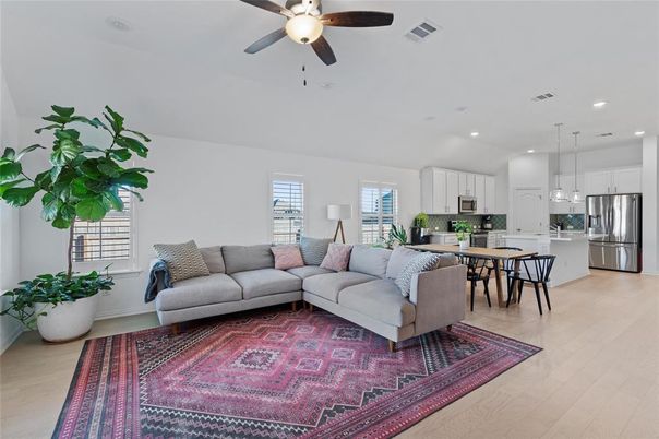 Dining room, Interior, Kitchen, Living room, Pendant Lights, Recessed Lighting, Stainless Steel Appliances, Wood Texture Flooring