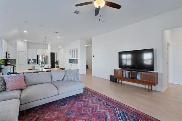 Dining room, Interior, Kitchen, Living room, Pendant Lights, Recessed Lighting, Wood Texture Flooring