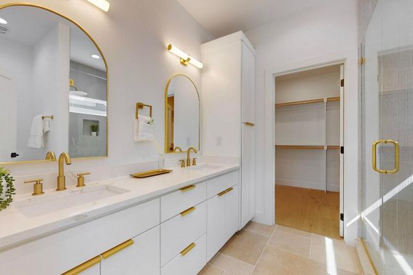 Bathroom, Dual Sink Vanities, Glass Shower, Interior, Walk-in Closets, Wood Texture Flooring