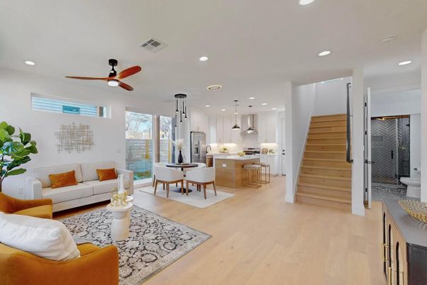 Dining room, Interior, Kitchen, Living room, Pendant Lights, Recessed Lighting, Stainless Steel Appliances, Wood Texture Flooring