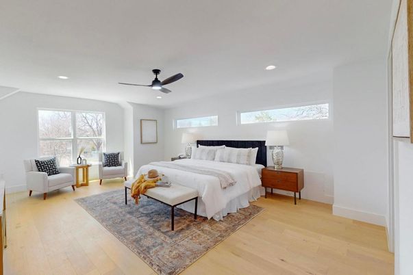 Bedroom, Interior, Recessed Lighting, Wood Texture Flooring