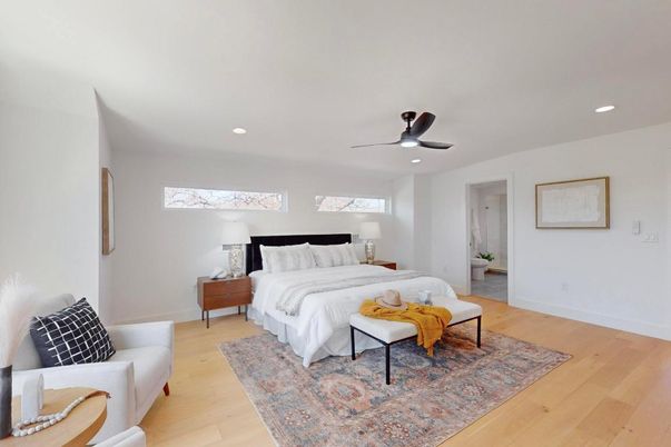 Bedroom, Interior, Recessed Lighting, Wood Texture Flooring