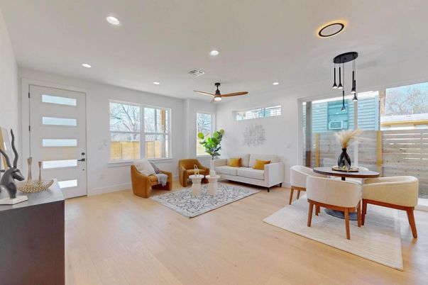 Dining room, Interior, Living room, Pendant Lights, Recessed Lighting, Wood Texture Flooring