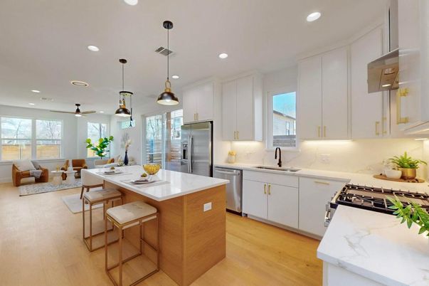 Interior, Kitchen, Living room, Pendant Lights, Recessed Lighting, Stainless Steel Appliances, Wood Texture Flooring