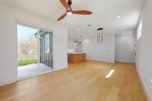 Empty room, Interior, Kitchen, Pendant Lights, Recessed Lighting, Wood Texture Flooring