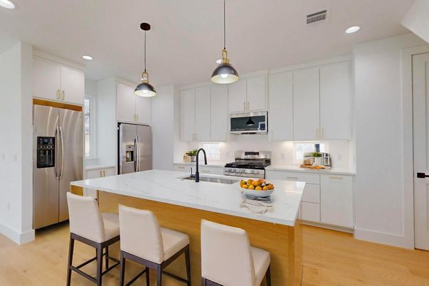 Interior, Kitchen, Pendant Lights, Recessed Lighting, Stainless Steel Appliances, Wood Texture Flooring