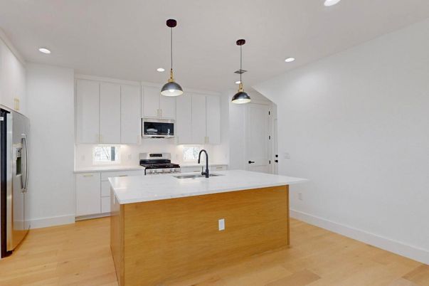 Interior, Kitchen, Pendant Lights, Recessed Lighting, Stainless Steel Appliances, Wood Texture Flooring