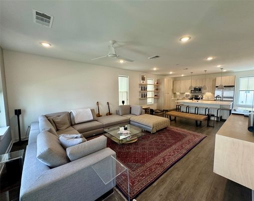 Interior, Kitchen, Living room, Pendant Lights, Recessed Lighting, Stainless Steel Appliances, Wood Texture Flooring