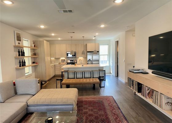Interior, Kitchen, Living room, Pendant Lights, Recessed Lighting, Stainless Steel Appliances, Wood Texture Flooring