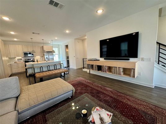 Interior, Kitchen, Living room, Pendant Lights, Recessed Lighting, Stainless Steel Appliances, Wood Texture Flooring
