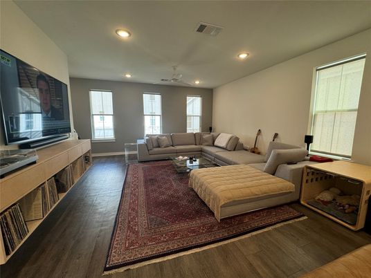 Interior, Living room, Recessed Lighting, Wood Texture Flooring