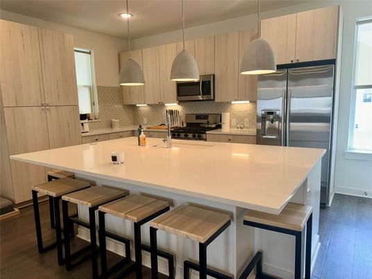 Interior, Kitchen, Pendant Lights, Recessed Lighting, Stainless Steel Appliances, Wood Texture Flooring