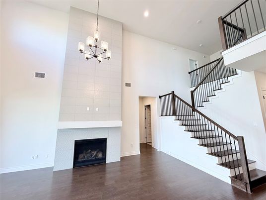 Fireplace, Interior, Pendant Lights, Recessed Lighting, Wood Texture Flooring